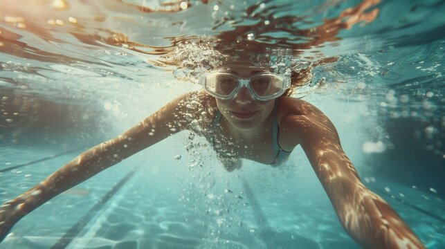 Woman swimming underwater in a pool, wearing goggles