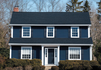 Classic two-story blue colonial house with a neat front garden, clean exterior, and traditional design – family home with a welcoming atmosphere – AI Generative.