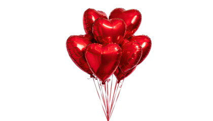 Bunch of shiny, inflated red heart balloons against black backdrop