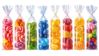 Seven clear bags filled with assorted colorful candies