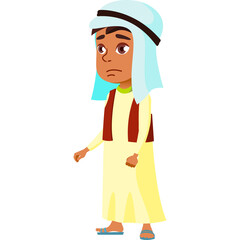 Sad Arab Muslim Old Man Wearing Traditional Clothes with Light Blue Turban and Yellow Robe Standing Isolated on White Background