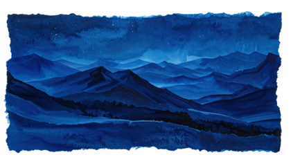 Deep-blue watercolor mountains under a starry, clouded night sky