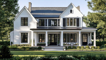 AI Generative Modern Southern Colonial House with Front Porch, Black Windows, Lush Green Lawn, Elegant Residential Architecture, Timeless Charm Exterior Design AI Generative