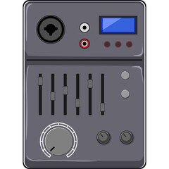 Fototapeta premium Retro Gray Audio Mixer With Blue Digital Display Slider Knobs and Input Jacks On Transparent Background