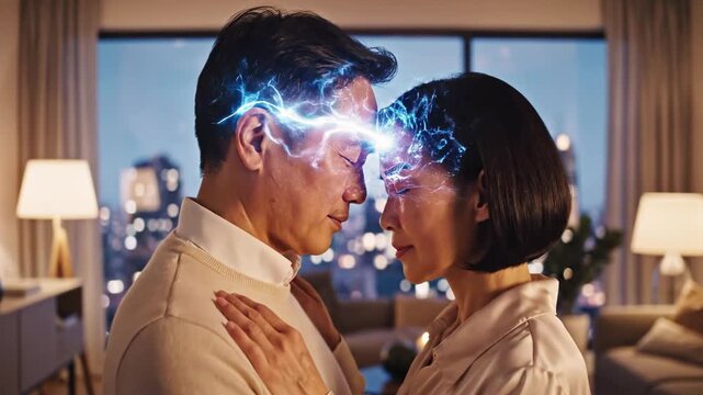 A couple, close together with closed eyes, electricity crackling between their heads