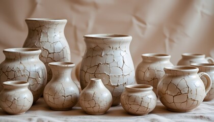 Collection of Cracked Porcelain Vases in Soft Earthy Tones on Textured Background