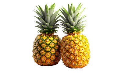 Two ripe pineapples, yellow skinned with green leafy tops