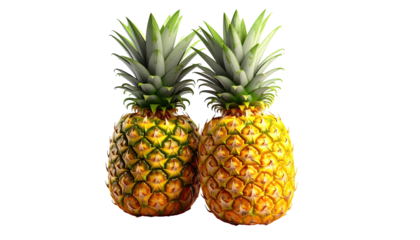 Two ripe pineapples, yellow skinned with green leafy tops