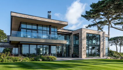 AI Generative Beautiful Modern Villa with Glass Walls and Expansive Ocean View, Contemporary Design with Natural Stone Elements, Ideal for Luxury Living in Scenic Location AI Generative