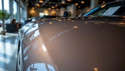 Close-Up View of a Glossy Brown Car Hood in a Modern Automotive Showroom with Elegant Lighting