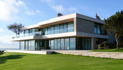 Stunning AI Generative Modern Glass Villa by the Ocean with Open Concept Living, Clean Lines, and Sleek Architecture, Ideal for Luxurious Seaside Living AI Generative