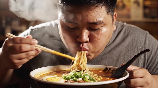 Sweaty Man Slurping Steaming Ramen Noodles with Chopsticks in Restaurant Video