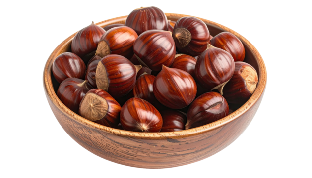 Shiny brown chestnuts pile neatly in a rustic wooden bowl