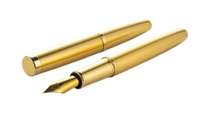 Two gleaming golden fountain pens displayed against a black backdrop