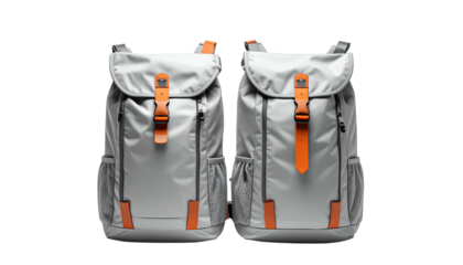 Two gray backpacks with orange buckles and trim
