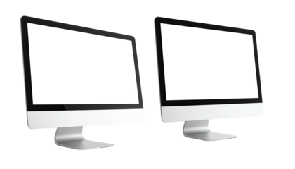 Two modern desktop computers, white screens, angled view