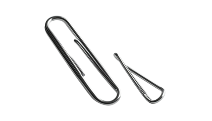 Two shiny metal paperclips, one larger than the other