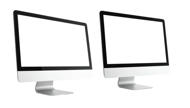 Two modern desktop computers, white screens, angled view