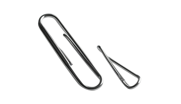 Two shiny metal paperclips, one larger than the other
