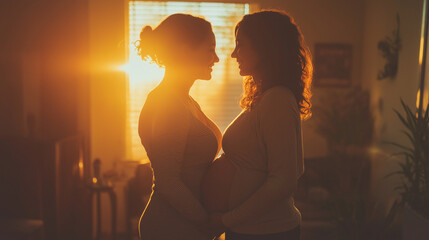 Warm Intimate Lesbian Couple Pregnancy Scene with Doula Support and Natural Light 