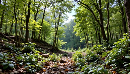 Obraz premium Lush Green Forest Pathway Bathed in Sunlight with Dappled Light Filtering Through Trees