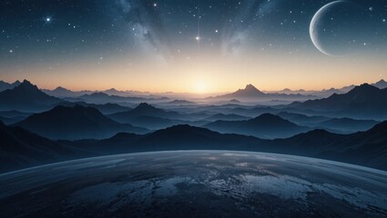 Fototapeta premium Stunning Cosmic Landscape with Majestic Mountains and a Brilliant Sunrise on a Distant Planet