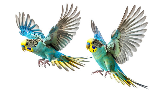 Two parakeets soaring with wings spread against black backdrop