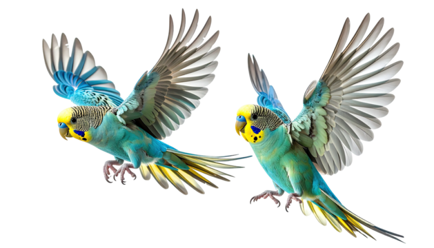 Two parakeets soaring with wings spread against black backdrop