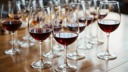 Arrangement of Elegant Red Wine Glasses on Wooden Table Ready for Tasting at a Social Gathering