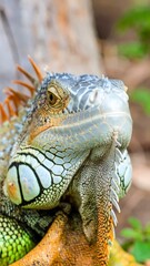 Obraz premium Close-up of a vibrant green iguana head. Details include its textured scales, spines, and intense yellow eyes, set against a natural backdrop