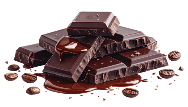 Chocolate blocks stacked, drizzled. Isolated on black background