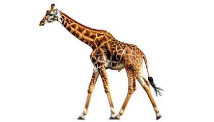 Fototapeta premium Giraffe struts with spots, legs, long neck on black background