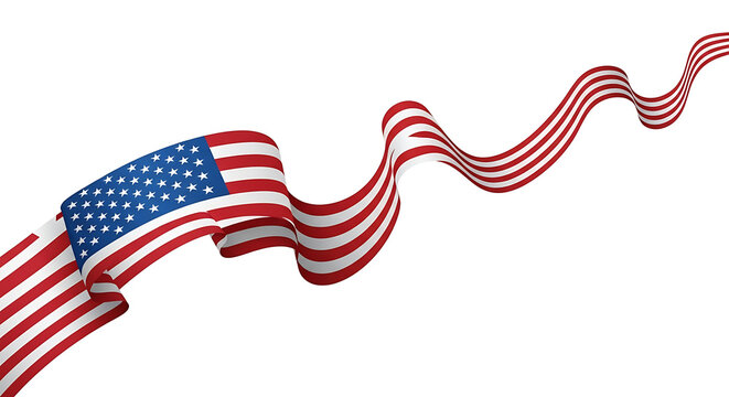 Waving american flag ribbon flowing gracefully against a clean white background