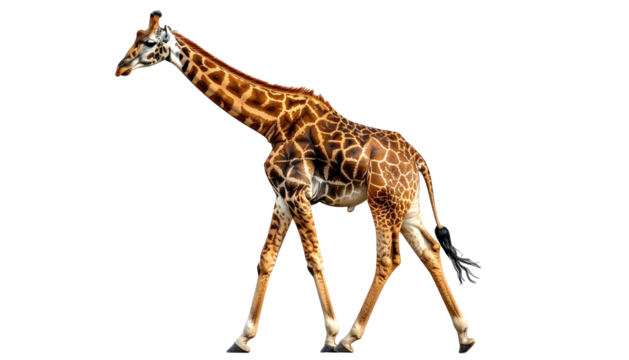Giraffe struts with spots, legs, long neck on black background
