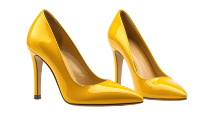 Glossy pair of yellow high heels on isolated black