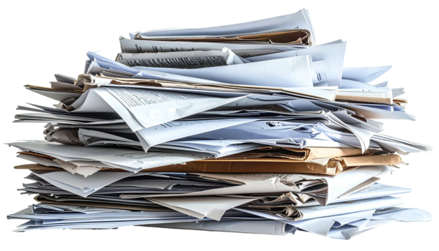 Stack of unsorted, crumpled white papers