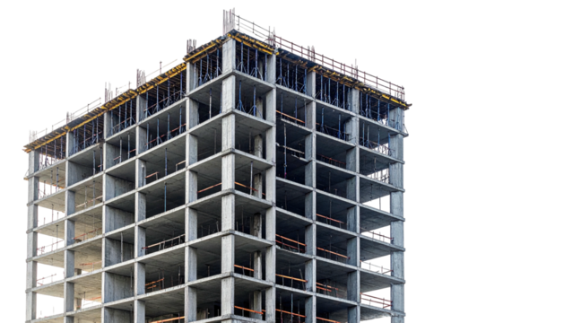 Unfinished concrete skyscraper under construction, open-air design