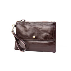 Blank brown leather pouch isolated on white background