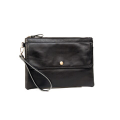 Blank black leather pouch isolated on white background