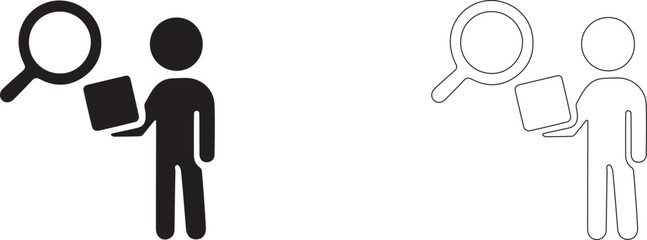 Magnifying glass over a person holding a box. Product search vector icon.