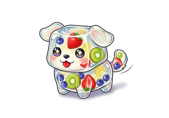 Cute kawaii fruit jelly dog character with adorable eyes and colorful berries