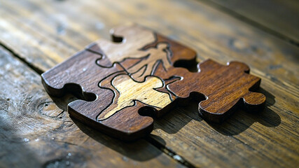 Wooden Jigsaw Puzzle Piece on a Rustic Wooden Table Surface. Generative AI.