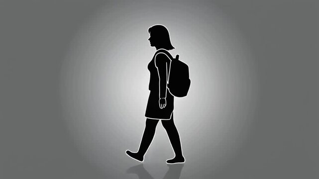 Silhouette of a young woman with a backpack walking against a grey gradient background with a spotlight.
