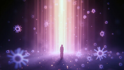 Dramatic Light Ray with Mysterious Figure Surrounded by Floating Abstract Organism Elements. Generative AI.