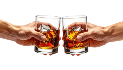 Two hands toasting crystal tumblers filled with amber liquid