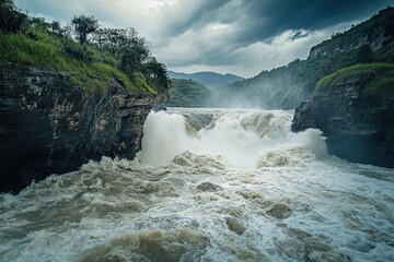 Powerful waterfall cascading down rocky gorge in a dramatic landscape.