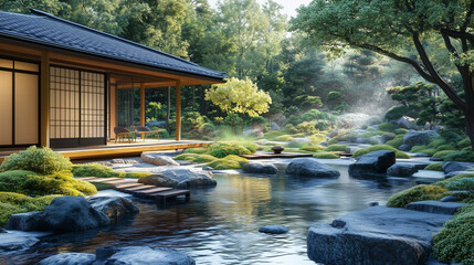 Traditional Japanese Tea House in Tranquil Garden Surrounded by Nature and Harmony 