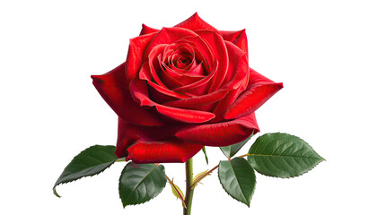 Close-up of velvety red rose bloom with vibrant green leaves