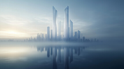 Futuristic Skyscraper Architecture with Reflective Water Surface and Innovative Design 