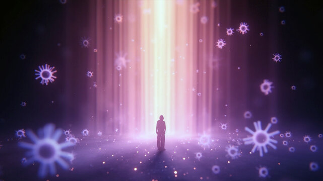 Dramatic Light Ray with Mysterious Figure Surrounded by Floating Abstract Organism Elements. Generative AI.